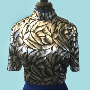 Vintage Metallic High Neck Short Sleeve Blouse